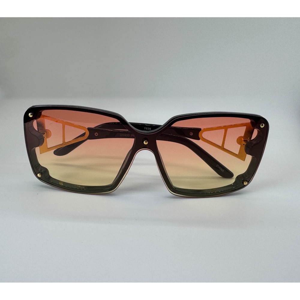 Oversized Square Sunset Gradient Sunglasses Black Gold Geometric Temple - Picture 1 of 4